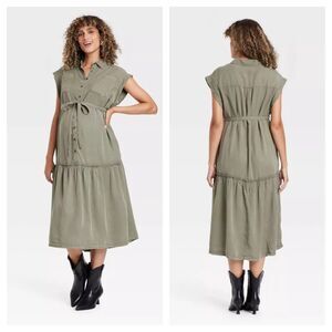 Isabel Maternity Short Sleeve Button-Front Belted Maxi Maternity Dress